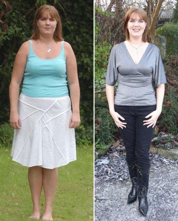 Mujeres antes y después de perder peso con una dieta de kéfir. 